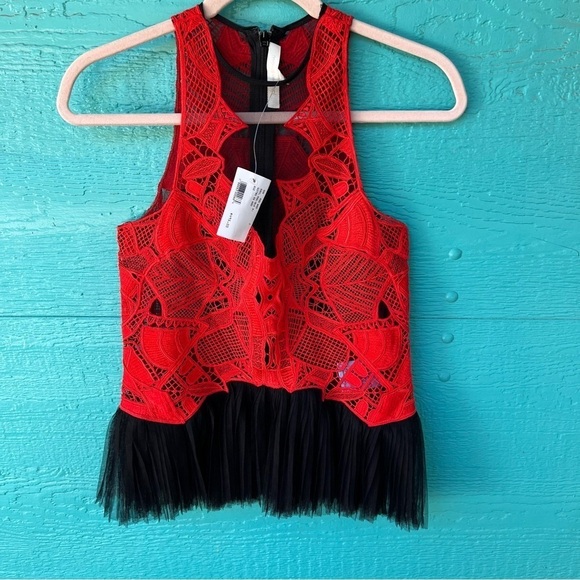 INTERMIX JONATHON SIMKHAI BLACK RED LACE TULLE PEPLUM FITTED TOP SIZE 2 NWT - Picture 13 of 13